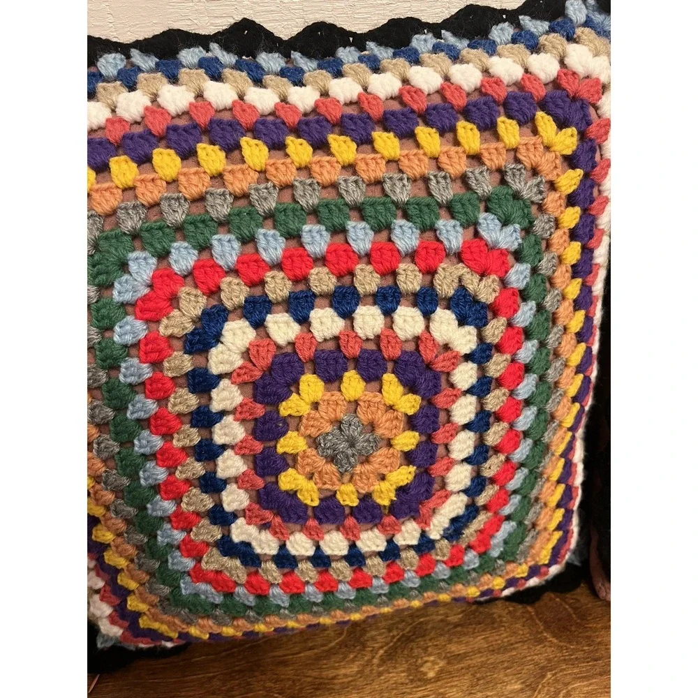 Two Afghan Granny Square Pillow Square Knit 16x16 Handmade - detailed & gorgeous